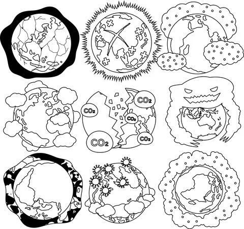 Environmentally polluted earth outline set Stock Illustration