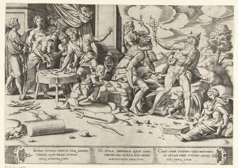 Envy causes a battle between the gods. On the left is the envy at a table,... Stock Photos
