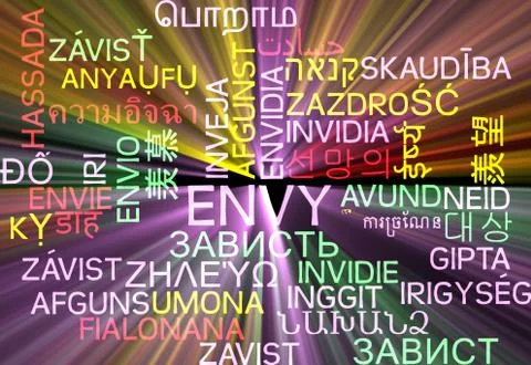 Envy multilanguage wordcloud background concept glowing Stock Illustration