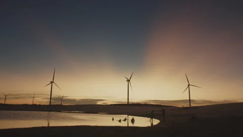 Eolic park wind turbines sunset beach dunes Stock Footage 199711409