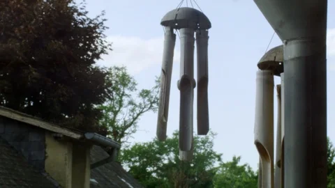 Eolyre Bamboo Wind Chime Soft Breeze Sunny Day Blue Sky Green Trees Stock Footage 109163607