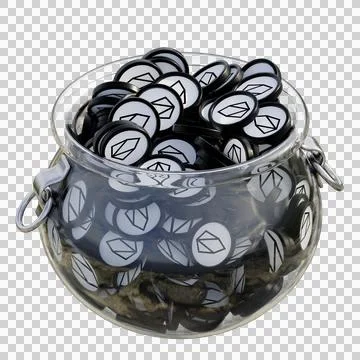 EOS in 3D crypto coin saving bank with stack coins on isolated background Stock Photos