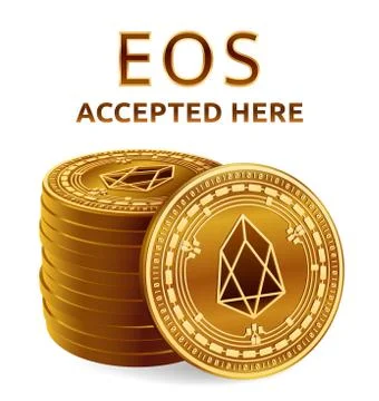 EOS. Accepted sign emblem. Crypto currency. Stack of golden coins with EOS sy Stock Illustration