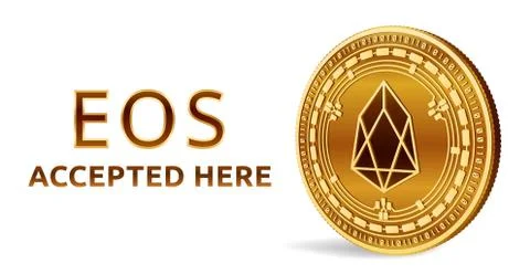 Eos. Accepted sign emblem. Crypto currency. Golden coin with Eos symbol isola Stock Illustration