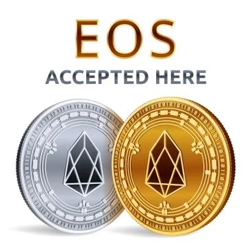 EOS. Accepted sign emblem. Crypto currency. Golden and silver coins with EOS  Illustrazione stock
