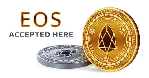 EOS. Accepted sign emblem. Crypto currency. Golden and silver coins with EOS  Stock Illustration