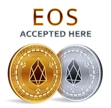 EOS. Accepted sign emblem. Crypto currency. Golden and silver coins with EOS  Stock Illustration