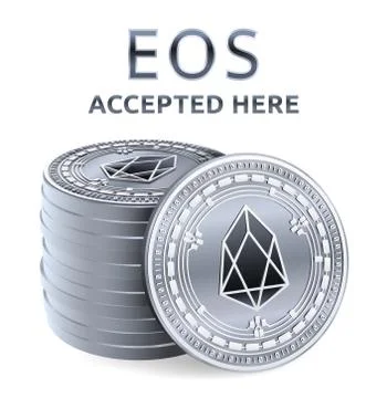 EOS. Accepted sign emblem. Crypto currency. Stack of silver coins with EOS sy Stock Illustration