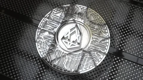 EOS coin (EOS) blockchain cryptocurrency altcoin 3D Render Stock Illustration