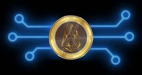 EOS (EOS) cryptocurrency coin with glowing blockchain transaction schematic Stock Footage 102626125