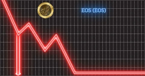 EOS (EOS) cryptocurrency coin jumps down the arrow of the trend and shatters Stock Footage 102626320
