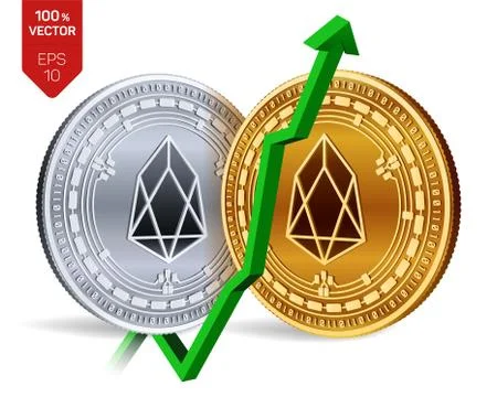 EOS. Growth. Green arrow up. EOS index rating go up on exchange market. Crypt Ilustración de archivo