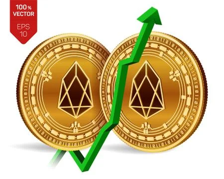 EOS. Growth. Green arrow up. EOS index rating go up on exchange market. Crypt Ilustración de archivo