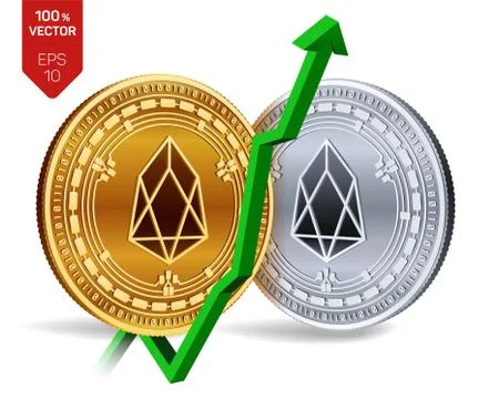 EOS. Growth. Green arrow up. EOS index rating go up on exchange market. Crypt Ilustración de archivo