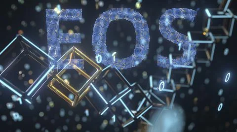 EOS text and cubic chain and binary numbers. Cryptocurrency concept, 3D 스톡 사진