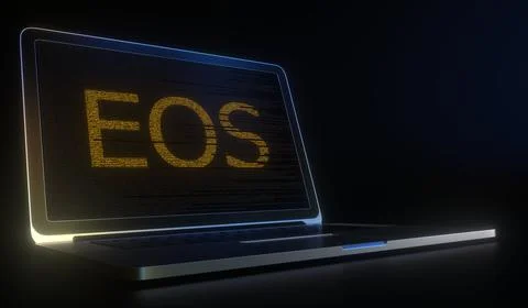 EOS text made with computer code on the laptop screen. Cryptocurrency mining or 库存插图