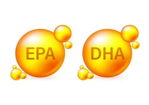 EPA, DHA Vector Drops Set. Chemical formula .Shining golden substance drop. 库存插图
