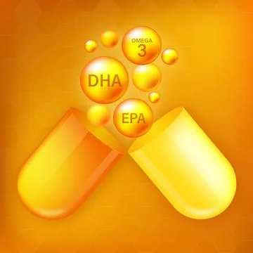 EPA, DHA Vector Drops Set. Chemical formula .Shining golden substance drop. 库存插图