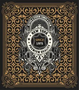 Ephemera label with baroque elements and heraldic shield. Stock Illustration