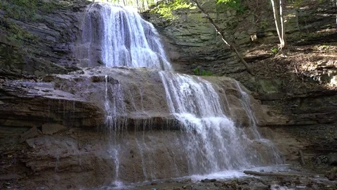 Epic 17 metre high curtain waterfall found in Ancaster Heights, Sherman Falls CA Stock Footage 81680448