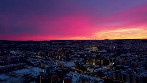 Epic 4K Drone Sunset Over Norway - Red Light Painting Norwegian Sky Stock Footage 306368995