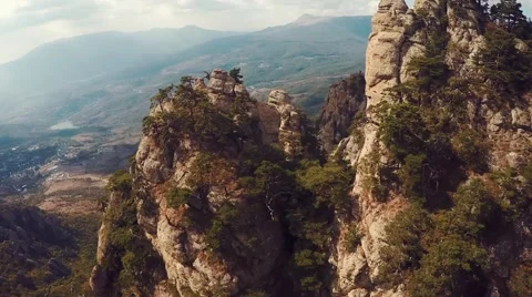 Epic aerial of cliffs and spruce forest, aerial, fir, fir-tree, mountain Stock Footage 57260322