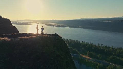 Epic Aerial Drone View of Couple Hiking overlook Columbia River Gorge Oregon Stock Footage 280702644