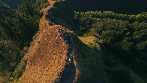 Epic Aerial Drone View of Couple Hiking overlook Columbia River Gorge Oregon Stock Footage 280702653