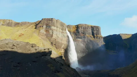 Epic aerial drone view over landscape of the Haifoss waterfall in the highlands 動画素材 116781694