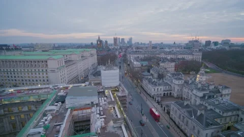 Epic aerial drone view tracking forwards over Whitehall looking towards Big Ben Stock Footage 154448543