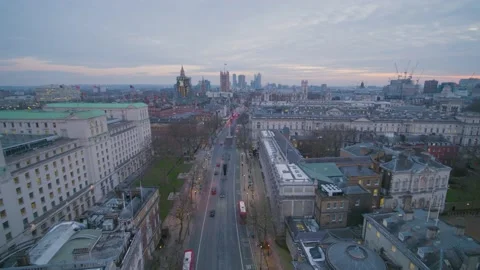 Epic aerial drone view tracking back over Whitehall looking towards Big Ben Stock Footage 154448976