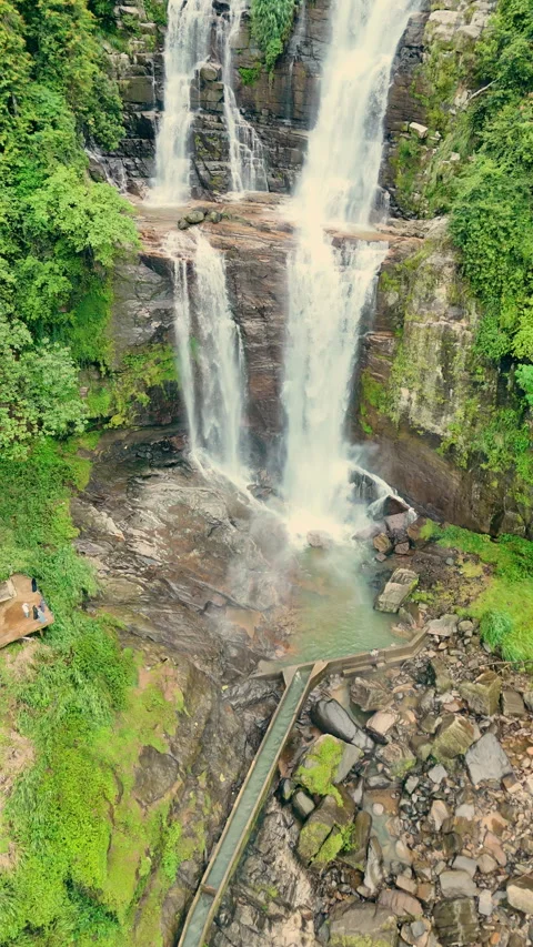 Epic Aerial Drone View of  Waterfall in Sri Lanka, 4K Tropical Video stock 329542179