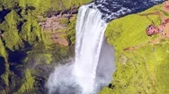 Epic Aerial Flight Over Beautiful Waterfall Powerful Force Water Crushing Down Stock Footage