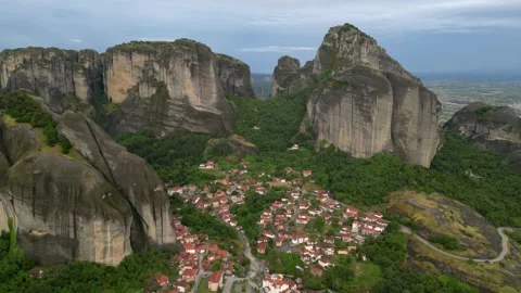 Epic Aerial Flight Speed Ramp Fly Backwards From Meteora Greece Famous Rock.. Stock Footage 334893655