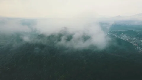 Epic Aerial Flight Through Misty Mountain to The Castle Ruins Stock Footage 92861548