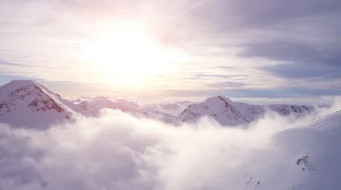 Epic Aerial Flight Through Mountain Clouds Towards Sunrise Beautiful Morning Stock Footage 61241455