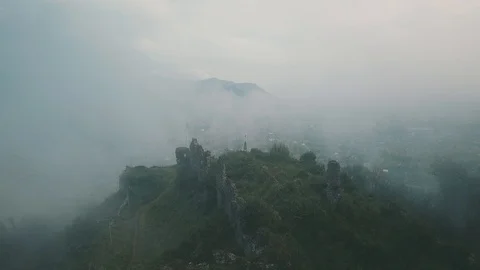 Epic Aerial Flight Through Mysty Castle Ruins Stock Footage 92847737