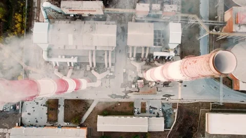 Epic aerial of high smoke stack emission. Industry zone, thick smoke plumes. Stock Footage 167352603