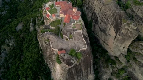 Epic Aerial Monastery of Holy Trinity Sunset in Meteora, Greece. Fly Straig.. Stock Footage 334893471