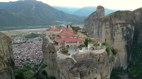 Epic Aerial Monastery of Holy Trinity Sunset Slow Flight Clockwise in Meteo.. Stock Footage 334893516