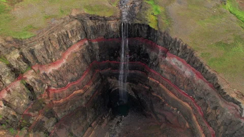 Epic Aerial Rise Close Up Over Hengifoss Iceland Waterfall. Red Layers of Rock Stock Footage 256697516