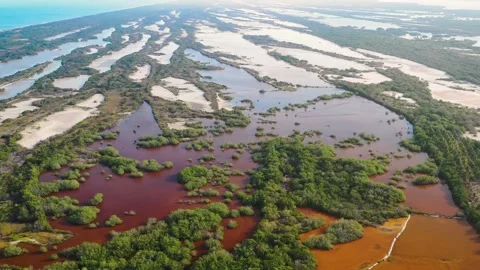 Epic Aerial shot of salt lakes , mines and Caribbean coast , Rio Lagartos Stock Footage 190869964