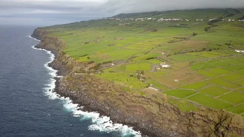 Epic Aerial Of Terceira Green Patchwork Farming Fields With Atlantic Coast Stock-Footage 90564142