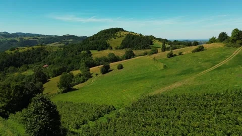 Epic Aerial View Flying Fast Over Green Meadow and Mountain Hills Stock Footage 342238038