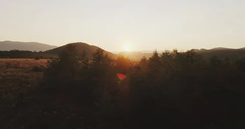 Epic aerial view: Mist Forrest Sunset Colorful Autumn Trees Golden Hour Sunset Stockbeeldmateriaal 94600640