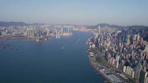 Epic aerial view of the skyscraper and harbour view in Sheung Wan, Hong Kon.. Stock-Footage 224765436