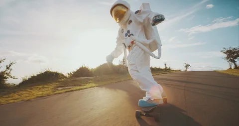 Epic astronaut skateboarding Stock Footage 127679636