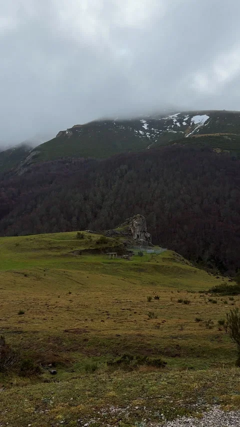Epic autumn landscape of Picos de Europa with snowy mountain peaks Stock Footage 339216858