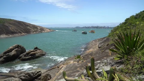 Epic beautiful view of green transparent sea and island with boats . Stock Footage 129471334