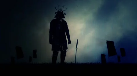 Epic Boshido Samurai Warrior Wearing a Full Body Armor Standing Under a Storm Stock Footage 59121327